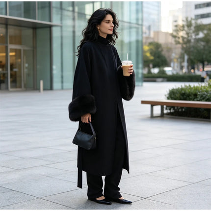 Lady Long Wool Blend Coat Stand Collar Faux Fur Cuffs Belted Waist Loose Oversized Maxi Wrap Outerwear Elegant Winter Overcoat