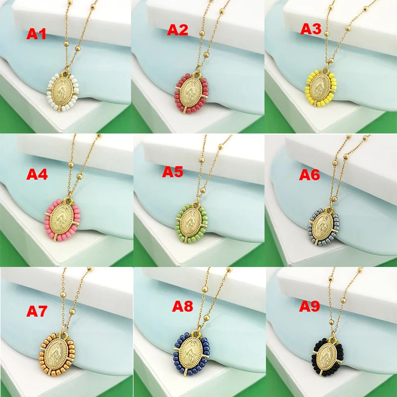 QMHJE Collana con ciondolo Vergine Maria Collana da donna con croce Girocollo Perline Catena in acciaio inossidabile Colore oro Boho Bianco Nero Rosa