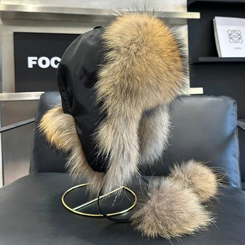 2026 100% Real Fox Fur Hats Women's Russian Ushanka Aviator Trapper Snow Skiing Hat Caps Earflap Winter Raccoon Fur Outerwear Ha