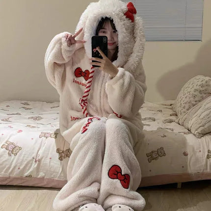 New Sweet and Cute Bow Rabbit One-piece Pajamas Women's Winter New Fleece Thickened Coral Fleece Large Size Loungewear Sleepwear