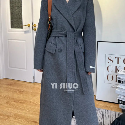High-end White Thick Double-sided Wool Cashmere Coat Long Women Fashion Casual Loose Lapel Lace-up Woolen Jacket Autumn Winter
