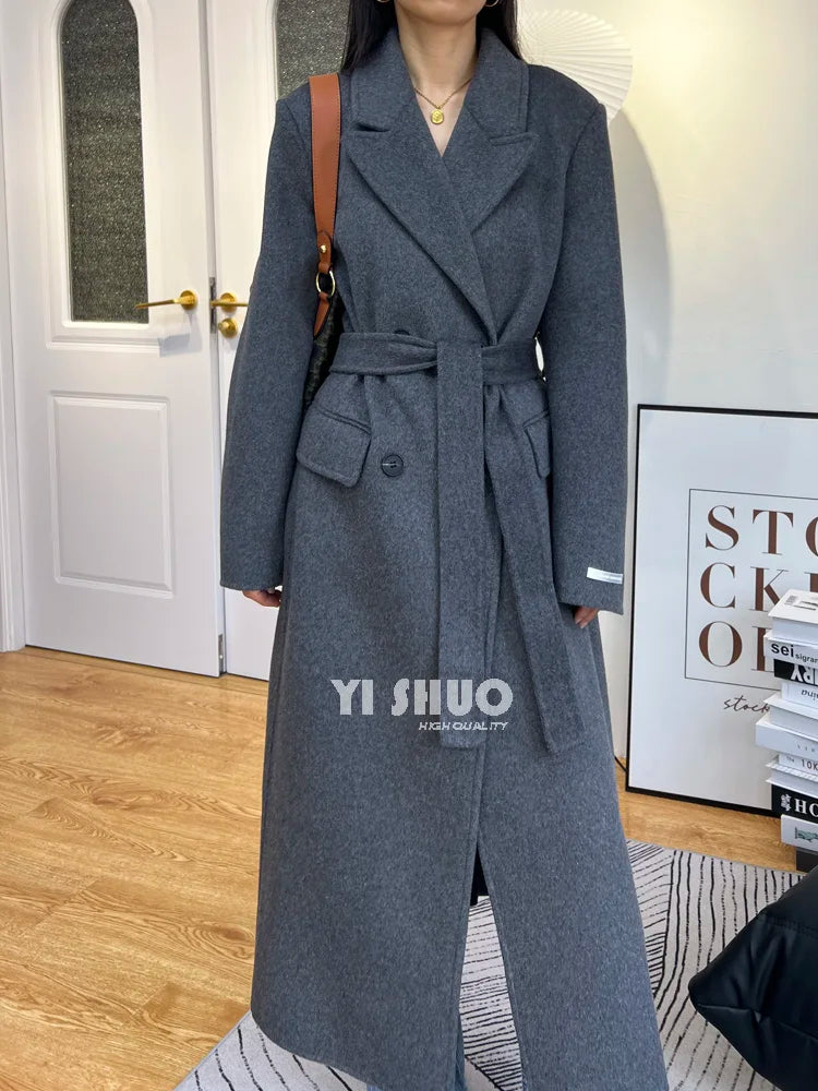 High-end White Thick Double-sided Wool Cashmere Coat Long Women Fashion Casual Loose Lapel Lace-up Woolen Jacket Autumn Winter