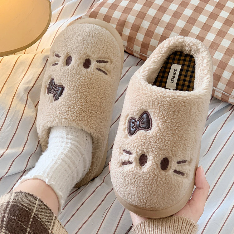 Cute Cat Winter Warm Slippers Women Men Fluffy Plush Home Shoes Red Bowknot Plaid Lining Indoor Bedroom Cotton Slides Mules New