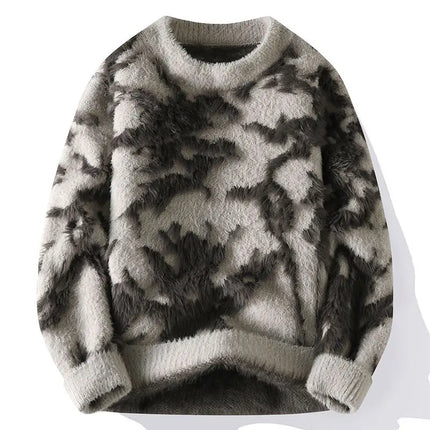 Men Jacquard Furry Sweater Long Sleeve Thick Print Faux Mink Velvet Knit Dyed Pullover O Neck High Street Warm Sweater Jumpers