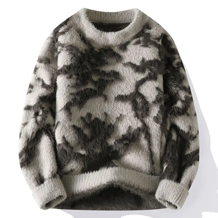Men Jacquard Furry Sweater Long Sleeve Thick Print Faux Mink Velvet Knit Dyed Pullover O Neck High Street Warm Sweater Jumpers