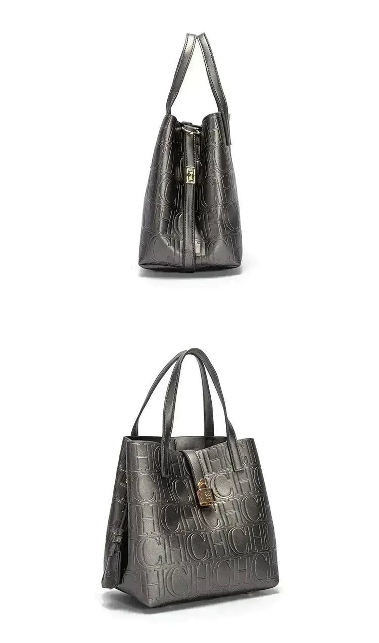 CH Large Capacity Handbag Luxury Brand Temperament Letter Print with Lock Design 2025 Trendy Women's Crossbody Bag PlatiNum