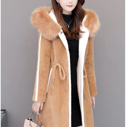 Imitation Mink Fleece Jackets Womens Autumn Winter Thicken Warm Hooded Woolen Coat High End Lady Gold Mink Velvet Wool Overcoat