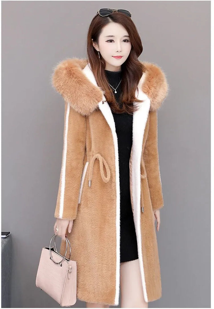 Imitation Mink Fleece Jackets Womens Autumn Winter Thicken Warm Hooded Woolen Coat High End Lady Gold Mink Velvet Wool Overcoat