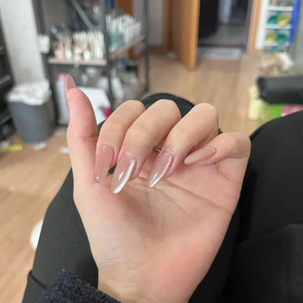 24Pcs Medium Almond Nude‑Pink 3D Textured Metallic Cat‑Eye French Sheer Press‑On False Nails For Nail Art Decor