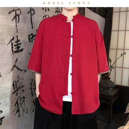 Camicie retrò da uomo, estive, eleganti, larghe, casual, leggere, sottili, traspiranti, in stile cinese, vintage, con calligrafia tradizionale.