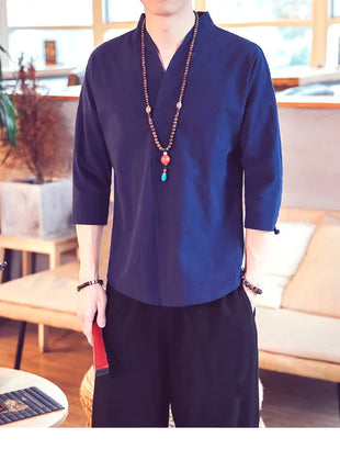 Kimono estivo stile giapponese manica corta uomo nuovo cotone a mezza manica lino traspirante abbigliamento uomo t-shirt giapponese Yukata top