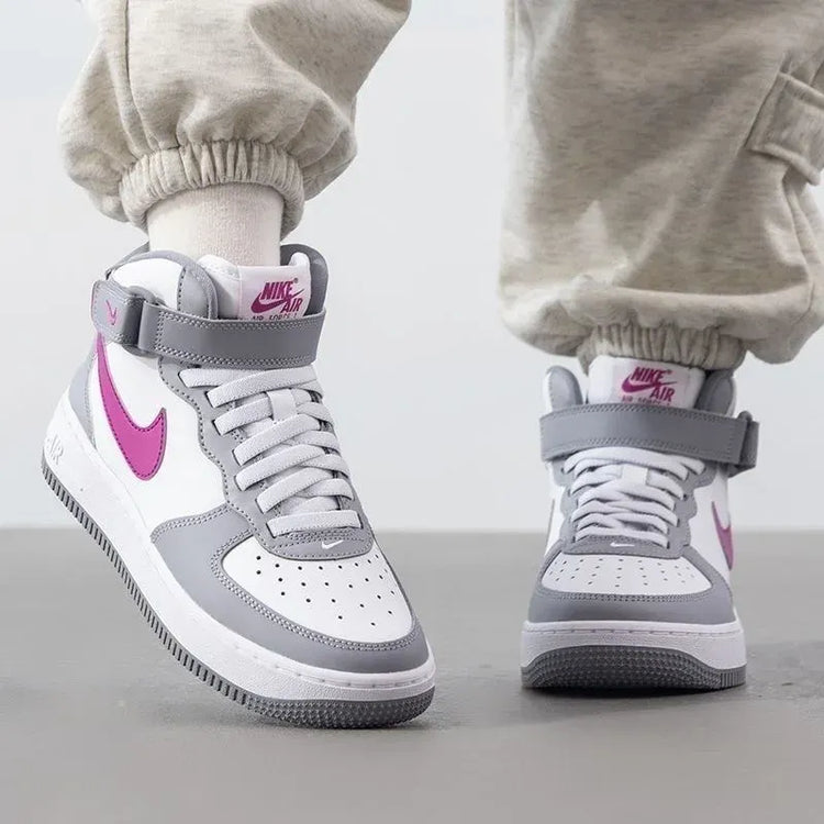 Nike Air Force 1 Mid EasyOn Comfort Versatile GS Strap High Top Casual Shoe Cement Grey Hot Pink Unisex FN1193-003