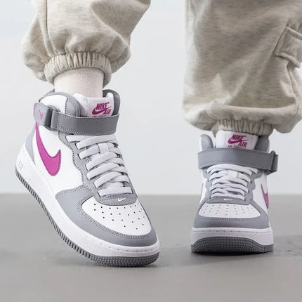 Nike Air Force 1 Mid EasyOn Comfort Versatile GS Strap High Top Casual Shoe Cement Grey Hot Pink Unisex FN1193-003