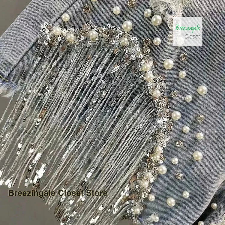 Pantaloncini di jeans con strass pieni dell'industria pesante americana, jeans strappati con nappe sottili e perline, nuovi jeans estivi da donna a vita alta.