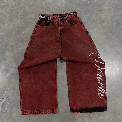 Jeans Strappati Stile Retrò Americano Y2k per Donne, Pantaloni in Denim con Due Aperture, Casual Goth Streetwear a Gamba Larga e Vita Alta
