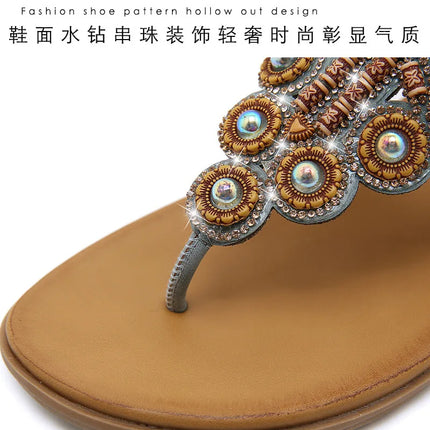 New 2026 Women's Summer Bohemian Style Sandals, Flip-Flop Design with Beaded and Rhinestone Buckle, Elastic Heel Strap, Comfortable Everyday Shoes