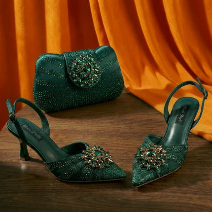 Zapatos y Bolso Nuevos de Diseño Italiano Azules con Diamantes de Imitación, Tacón Alto, Estilo de Moda, Zapatos de Tacón para Máxima Comodidad, Zapatos de Mujer