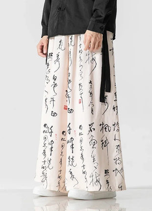 Pantaloni a gamba larga da uomo Ukiyo-e Stampa Pantaloni larghi in vita elastica Uomo Streetwear Giappone Samurai Pantaloni casual Pantaloni lunghi vintage