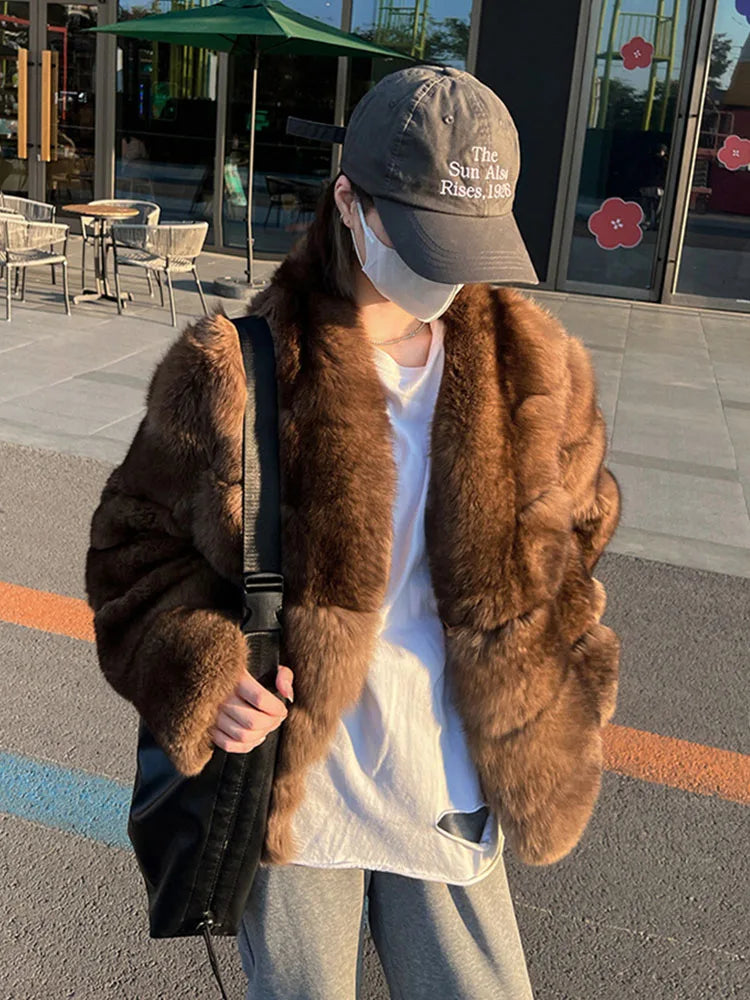 ZADORIN New Winter Faux Mink Coat Woman Elegant V Neck Long Sleeve Brown Faux Fur Coat Luxury Furry Jacket Woman Clothes Fur Top