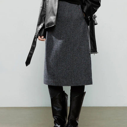 TOYOUTH Women Midi Skirts 2025 Winter NewAsymmetric Dark Gray Speckled Wool Blend Office Pencil Midi Skirt PlatiNum