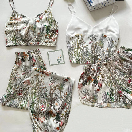 Nuovo pigiama di seta in raso per le donne Set di indumenti da notte con stampa floreale Sexy scollo a V senza maniche Top da notte Pigiama Abbigliamento per la casa Pigiama