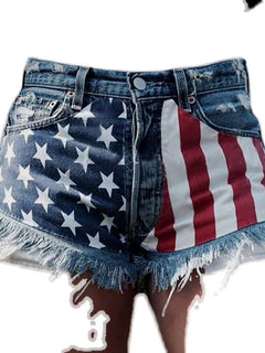 Shorts in denim da donna con stampa bandiera americana a stelle e strisce, finitura effetto invecchiato, Jean Shorts