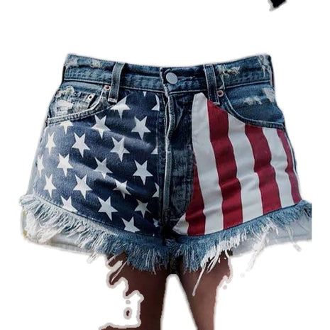 Shorts in denim da donna con stampa bandiera americana a stelle e strisce, finitura effetto invecchiato, Jean Shorts