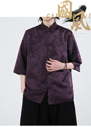 Camicie cinesi Camicia retrò in seta di ghiaccio con motivo floreale scuro Tradizionale Kung Fu Tai Chi Casual Loose Fit Top da uomo traspirante estivo