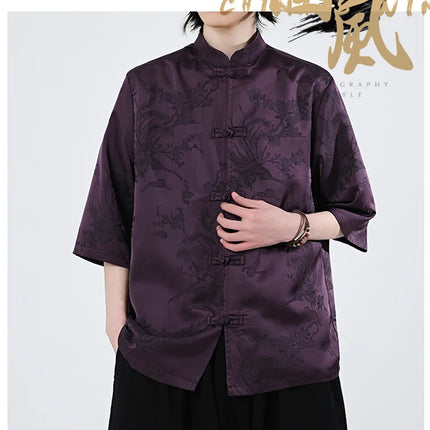 Camicie cinesi Camicia retrò in seta di ghiaccio con motivo floreale scuro Tradizionale Kung Fu Tai Chi Casual Loose Fit Top da uomo traspirante estivo