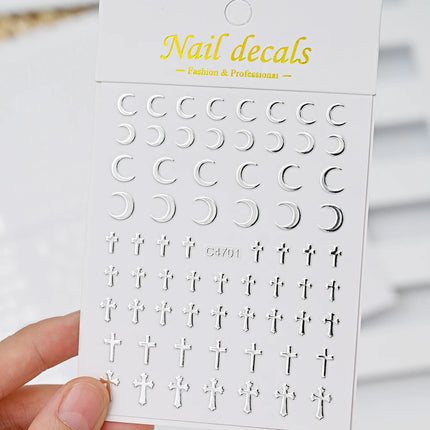 6Pcs/Set Metal Silver Star/Heart/Moon 3D Nail Art Stickers 8*10cm Hollow Love/Cross Self-Adhesive Slider Luxury Manicure Decals