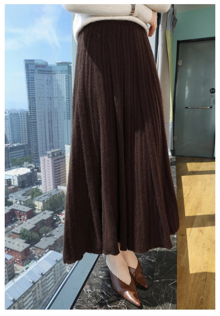 FRSEUCAG Autumn and winter women's warm half skirt 100% mink cashmere pleated skirt thick long skirt soft and loose fashionable PlatiNum