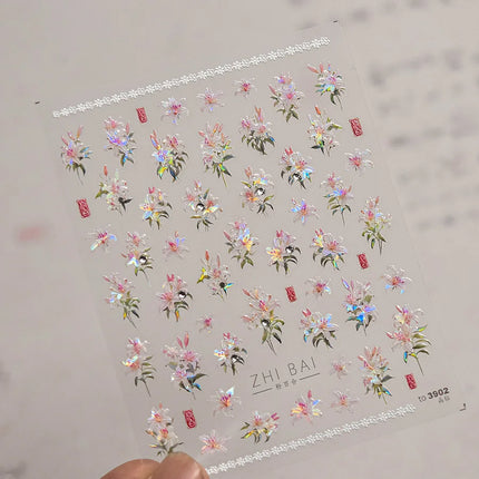 5D Kawaii Lily Nail Art Stickers 1pcs Japanese Pink White Flower With Diamond Self Adhesive Nail Decorations Slider Decals DIY