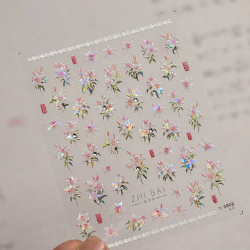 5D Kawaii Lily Nail Art Stickers 1pcs Japanese Pink White Flower With Diamond Self Adhesive Nail Decorations Slider Decals DIY