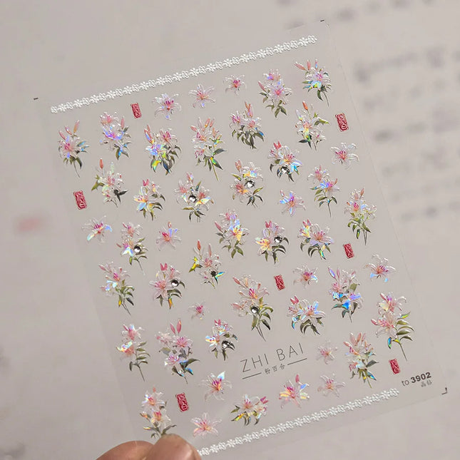 5D Kawaii Lily Nail Art Stickers 1pcs Japanese Pink White Flower With Diamond Self Adhesive Nail Decorations Slider Decals DIY