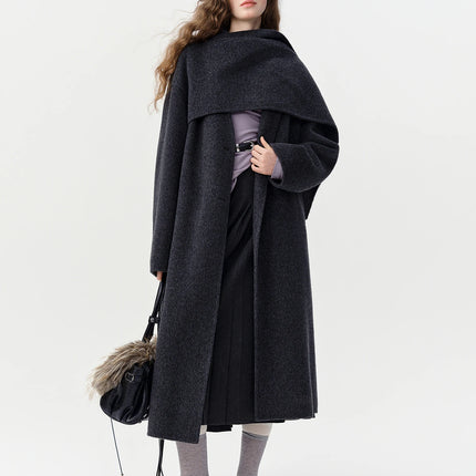 DUSHU Double-faced Wool Coat Detachable Scarf Collar Korean Style Thickened Woolen Long Overcoat for Winter Commute