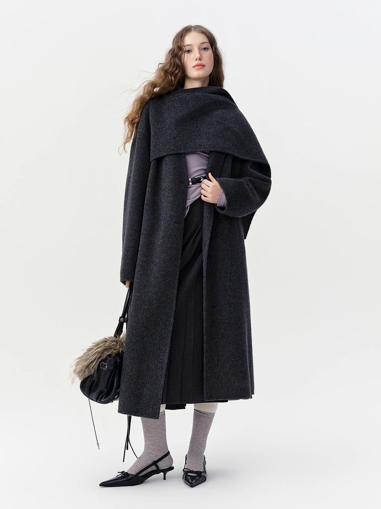 DUSHU Double-faced Wool Coat Detachable Scarf Collar Korean Style Thickened Woolen Long Overcoat for Winter Commute