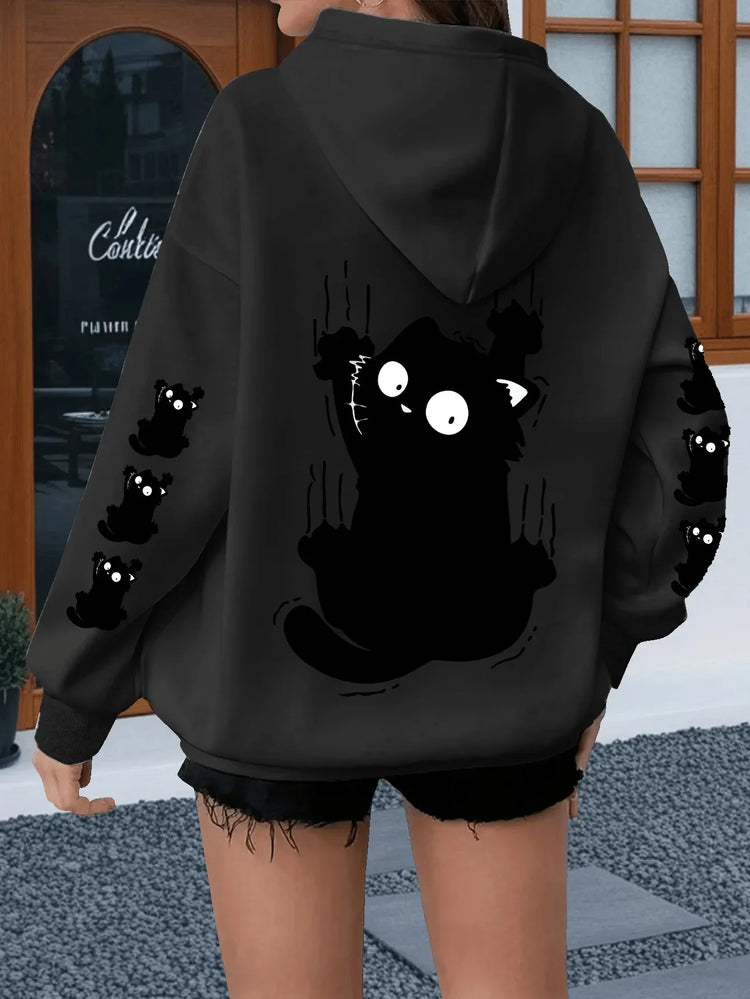 Women Oversized Hoodie Cute Scratch Black Cat Dual Sleeve Print Pullover Sweatshirt Autumn Winter Harajuku Casual Street Tops