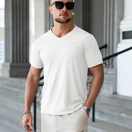 2025 New Men's Casual Short Sleeved Bone Flower Solid Color O-neck T-shirt Fashion Breathable Comfortable Summer Versatile Top PlatiNum