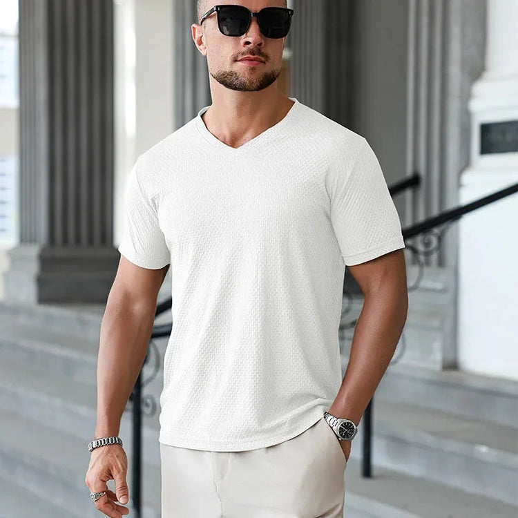 2025 New Men's Casual Short Sleeved Bone Flower Solid Color O-neck T-shirt Fashion Breathable Comfortable Summer Versatile Top PlatiNum