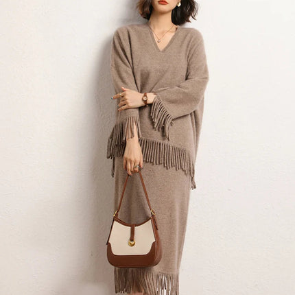 New Straight A-line Skirt Women's 100% Cashmere knitwear Spring Autumn Casual Loose Tassels Soft High Waist Mid Length Skirt PlatiNum