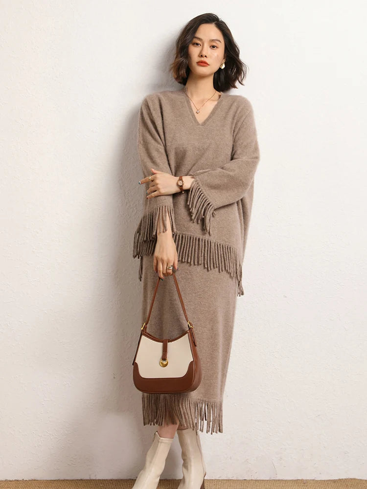 New Straight A-line Skirt Women's 100% Cashmere knitwear Spring Autumn Casual Loose Tassels Soft High Waist Mid Length Skirt PlatiNum