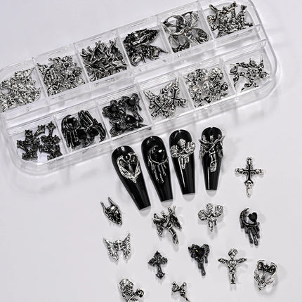 12Grid 3D Halloween Punk Retro Alloy Cross Nail Charms Y2k Gothic Metal Gun Black Silver Skull,Cross Nail Art DIY Cool Nail Part