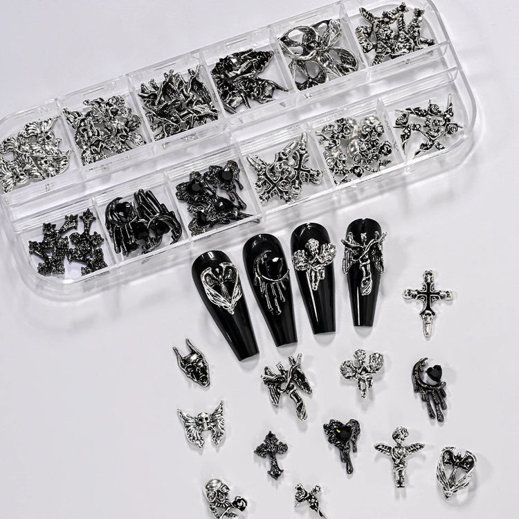 12Grid 3D Halloween Punk Retro Alloy Cross Nail Charms Y2k Gothic Metal Gun Black Silver Skull,Cross Nail Art DIY Cool Nail Part