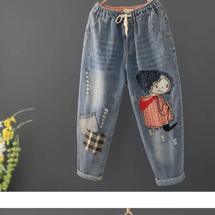 Primavera nuova corea moda Patch disegni cartone animato ricamo Jeans larghi da donna vita elastica pantaloni Casual in Denim di cotone Harem V987