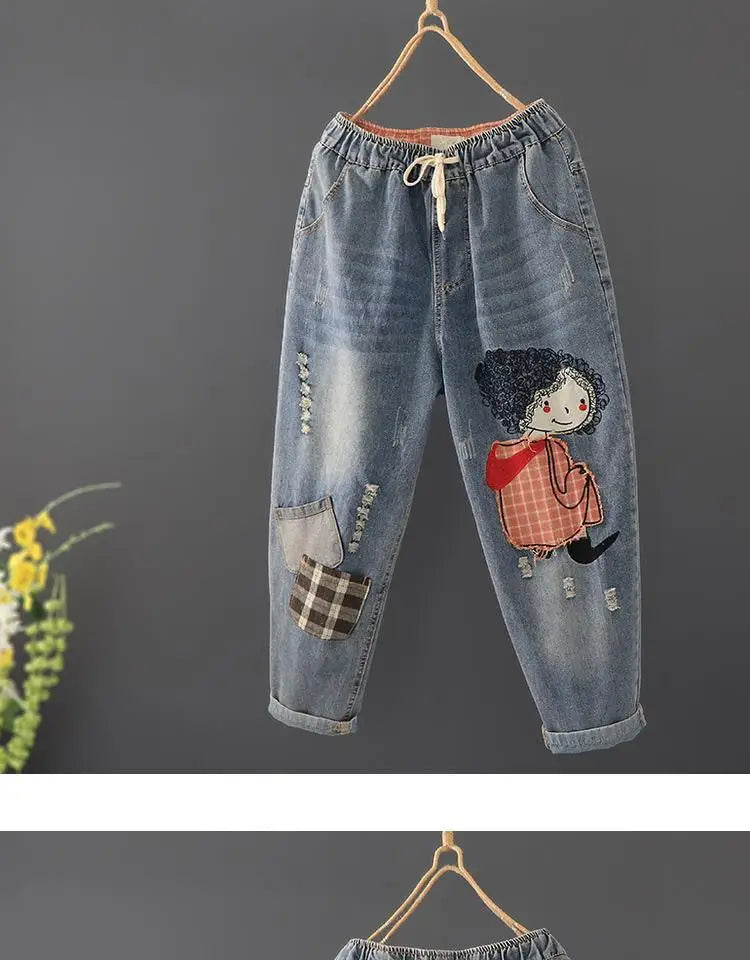 Primavera nuova corea moda Patch disegni cartone animato ricamo Jeans larghi da donna vita elastica pantaloni Casual in Denim di cotone Harem V987