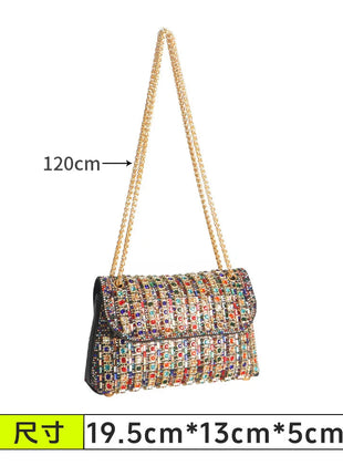 Fashionable Retro Diamond Studded Gold Chain Women's Crossbody Bag Handbag Dinner Bag Underarm Bag Single Shoulder Bag PlatiNum