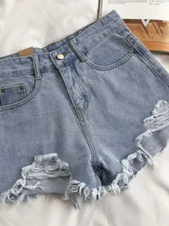 Nuovi Shorts in Denim da Donna con Bordi Grezzi, Modello Ampio a Trapezio, Strappati, a Vita Alta, Hot Pants