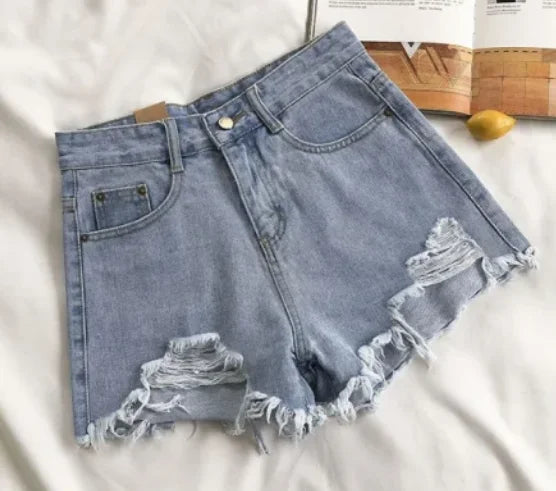 New Women's Denim Shorts with Raw Hems, A-Line Loose Fit, Ripped, High-Waisted, Hot Pants
