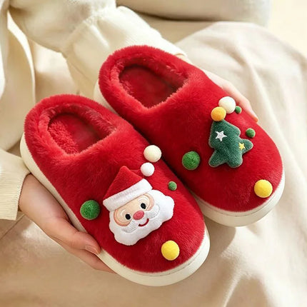 Christmas Plush Home Slippers Women Cute Cartoon Soft Sole Platform Cotton Slippers Couples Non Slip Warm Indoor Fur Slides