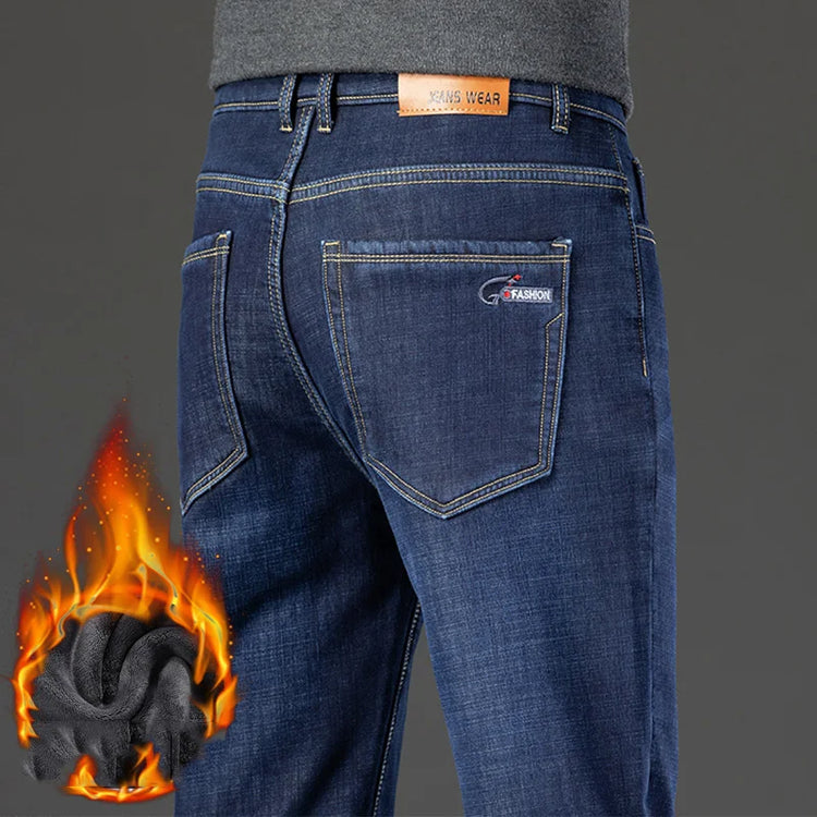 Men's Loose Straight Pants 2026 New Winter Fashion Warmt Plush Thick Jeans Cotton Straight Fleece Male Brand Denim Trousers